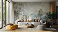 Tropical leaves wall mural with misty mountain backdrop
