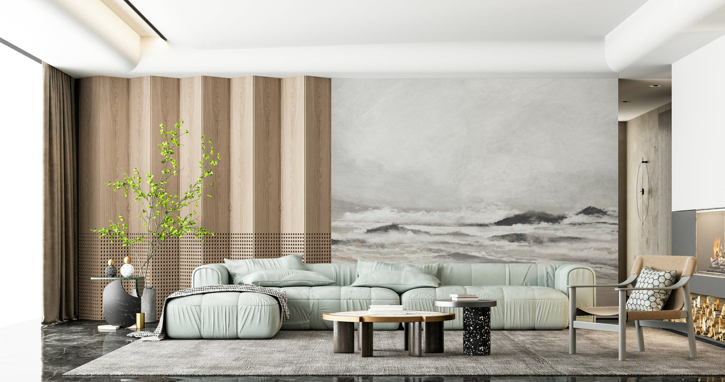 Misty Coast wallpaper mural beside wood slat panelling behind a mint green sectional sofa in a modern living room