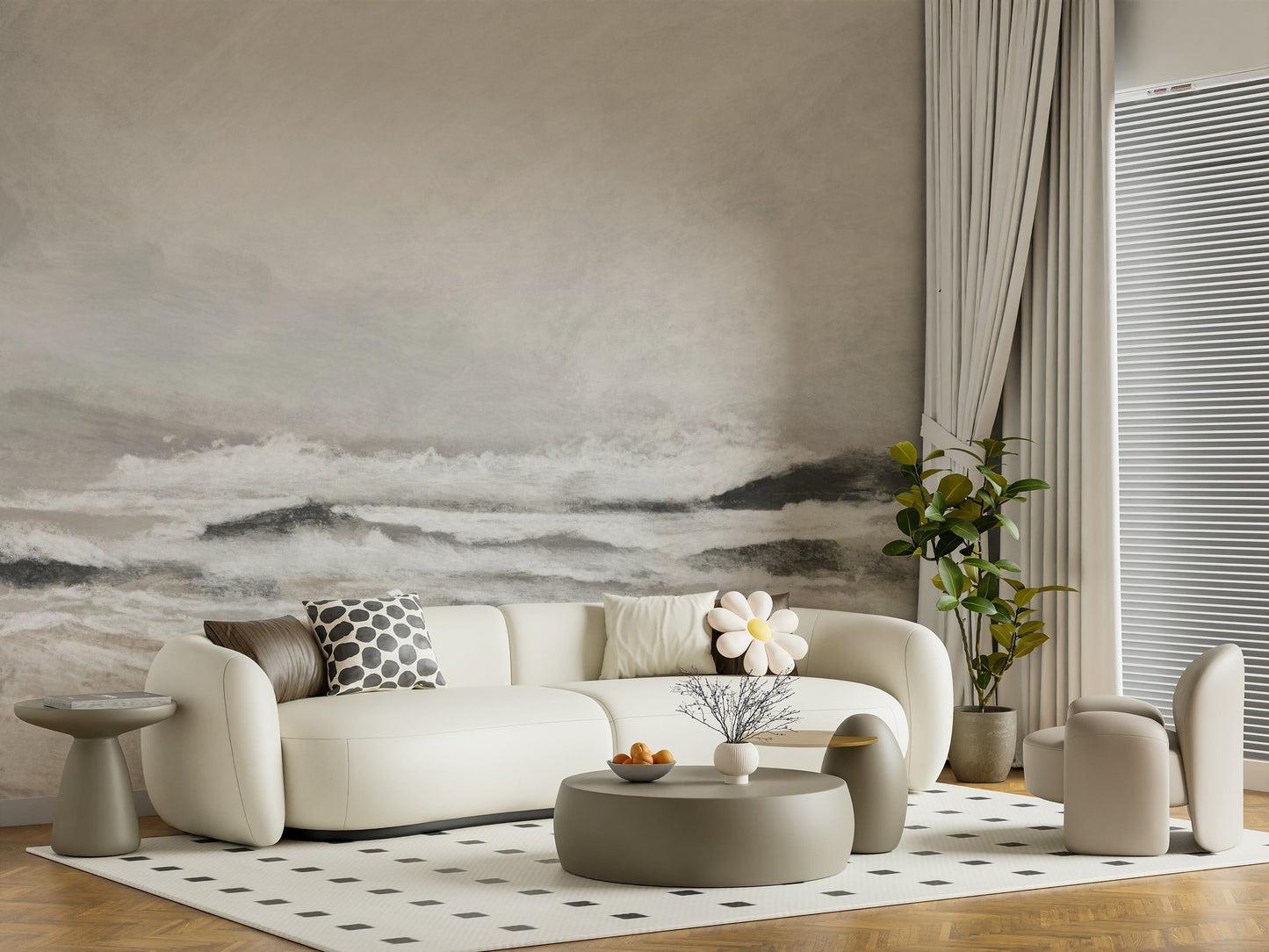 Misty Coast wallpaper mural of soft grey waves behind a curved cream sofa and grey coffee table in a living room