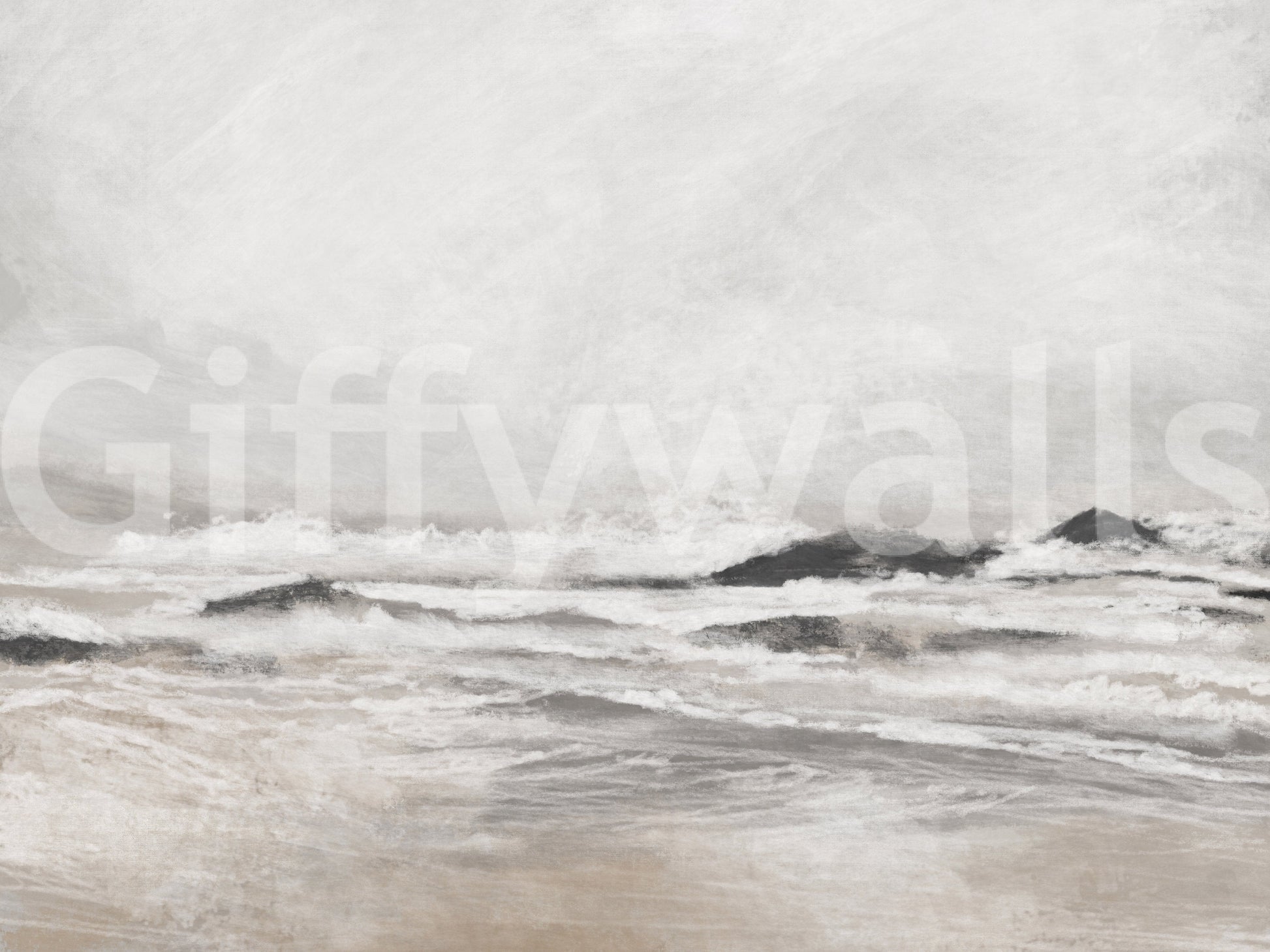 Misty Coast wallpaper mural shown close up, grey and beige stormy ocean waves under a soft cloudy sky