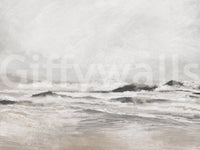 Misty Coast wallpaper mural shown close up, grey and beige stormy ocean waves under a soft cloudy sky