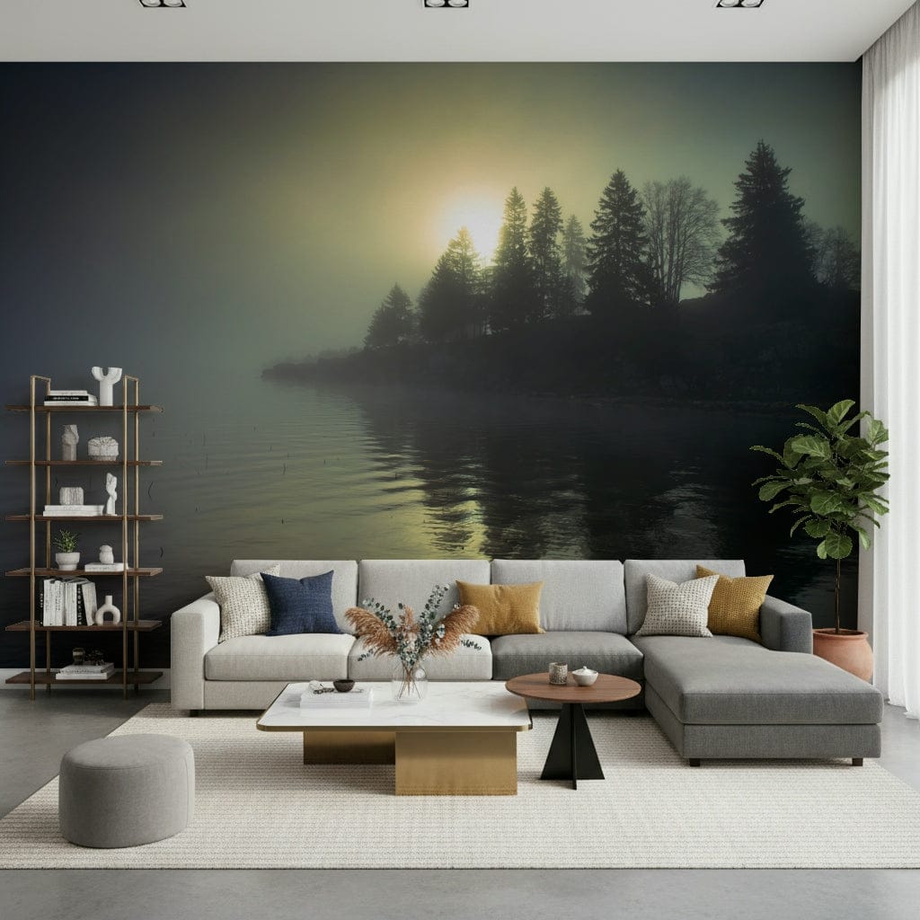 Bedroom wall mural with misty dawn horizon, soft color palette for modern interiors