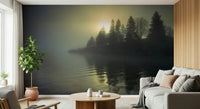 Minimal living room feature wall with misty landscape mural, soft neutrals and depth