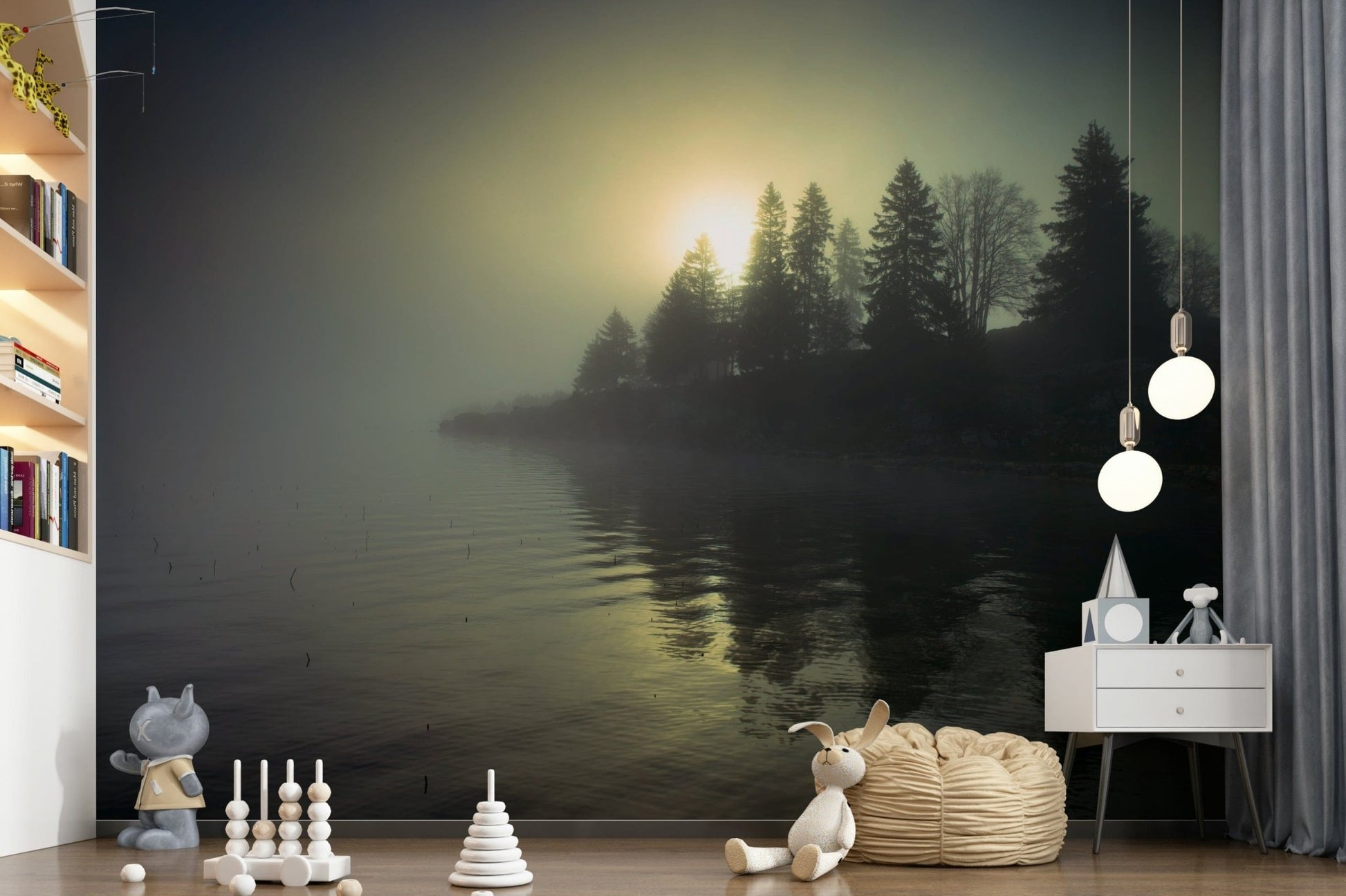 Bedroom feature wall with misty sunrise mural, muted pastels and gentle light