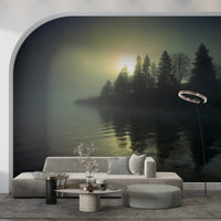 Modern apartment wall decor with Misty Dawn Wall Mural, foggy horizon and soft colors