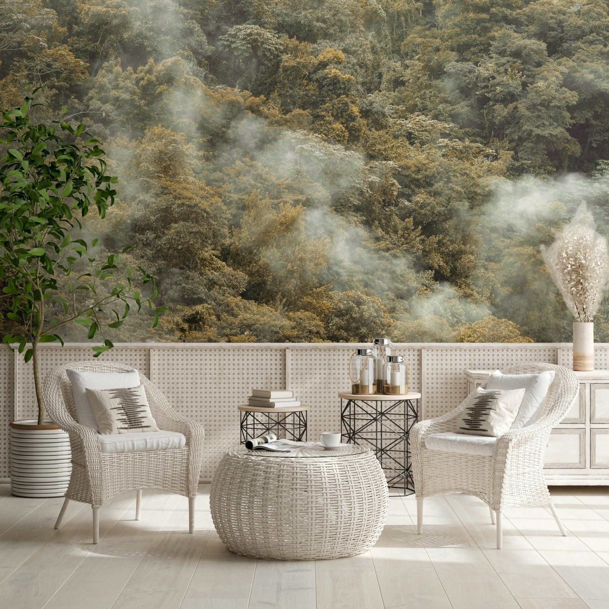 Dramatic Misty Forest Canopy design, peaceful nature-inspired atmosphere.