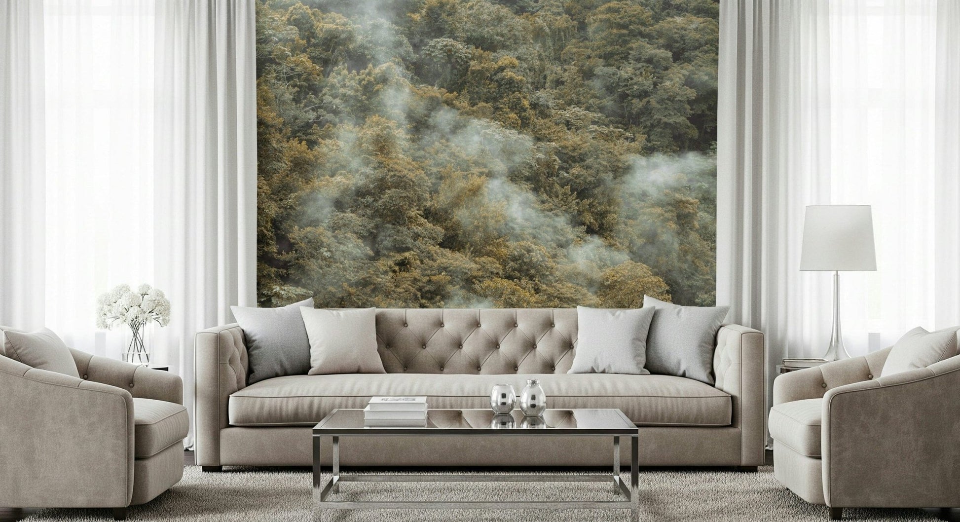 Overhead view of a hazy, dense Misty Forest Canopy photographic art.