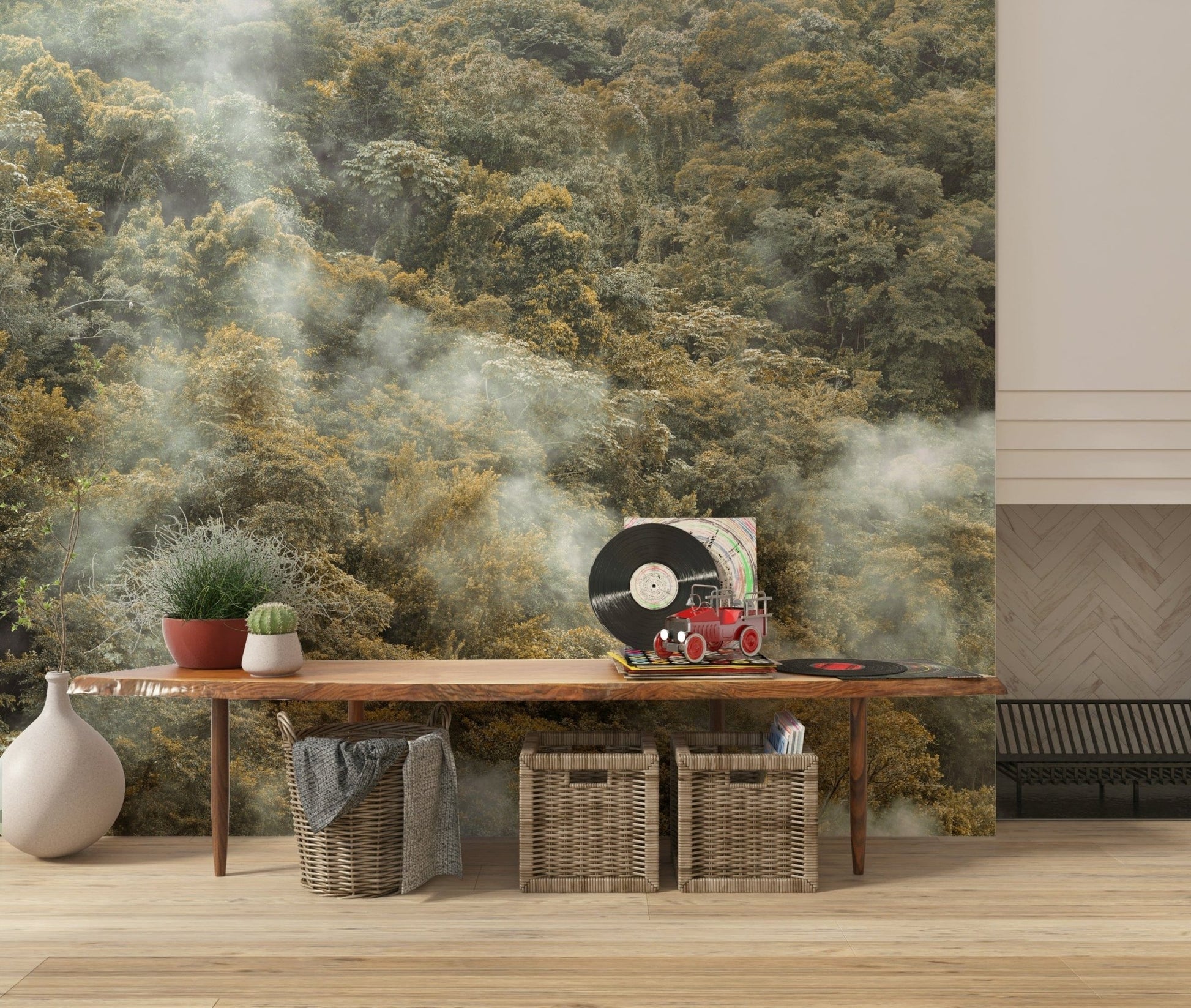 Misty Forest Canopy wallpaper for walls, captivating natural foliage design.