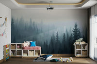 A wall mural of a misty forest.

