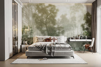 Soft green forest wallpaper mural with dense foliage
