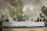 Serene woodland landscape wallpaper with soft fog
