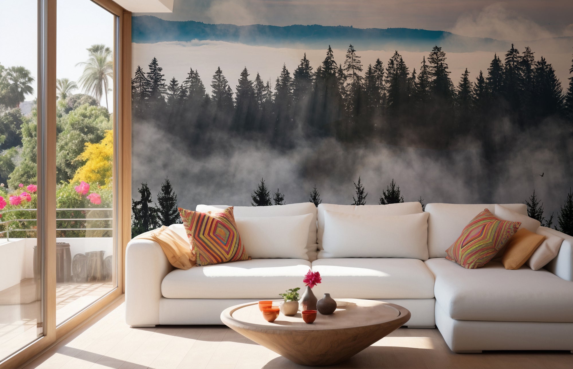 Misty Forest Mountain wallpaper mural of foggy pines behind a white sofa with bright kilim pillows in a living room