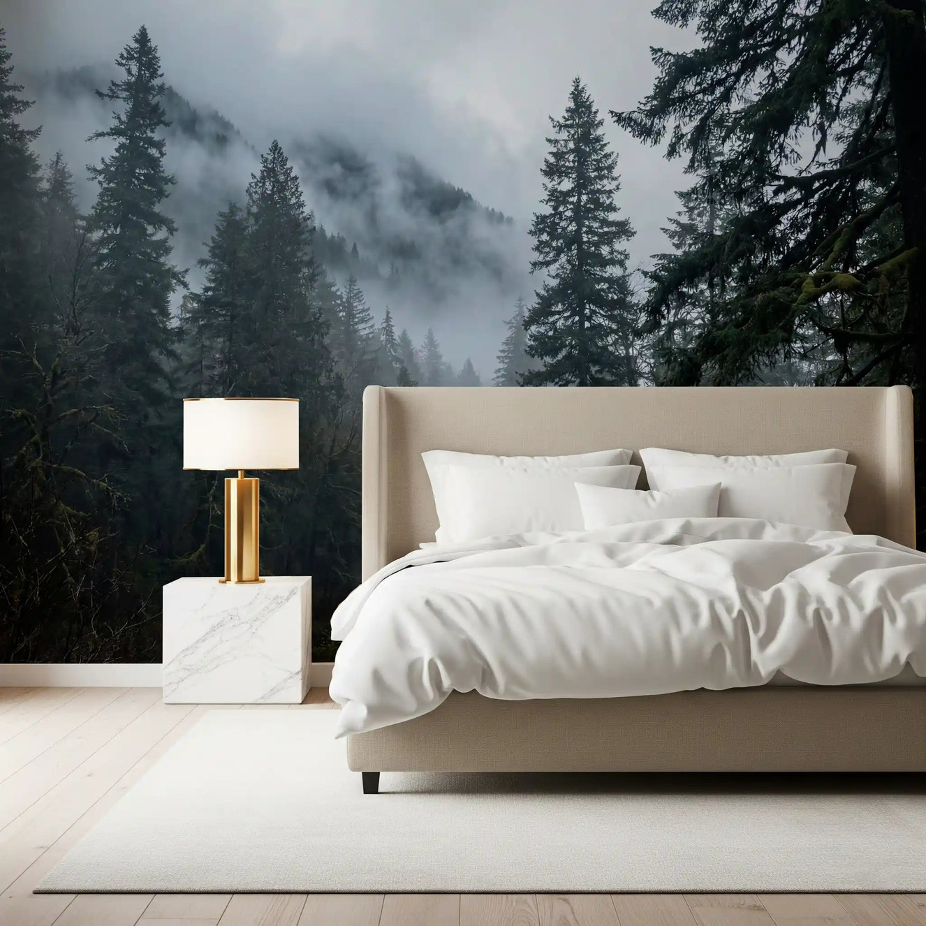 Bedroom styled with foggy woodland wall mural and winding path