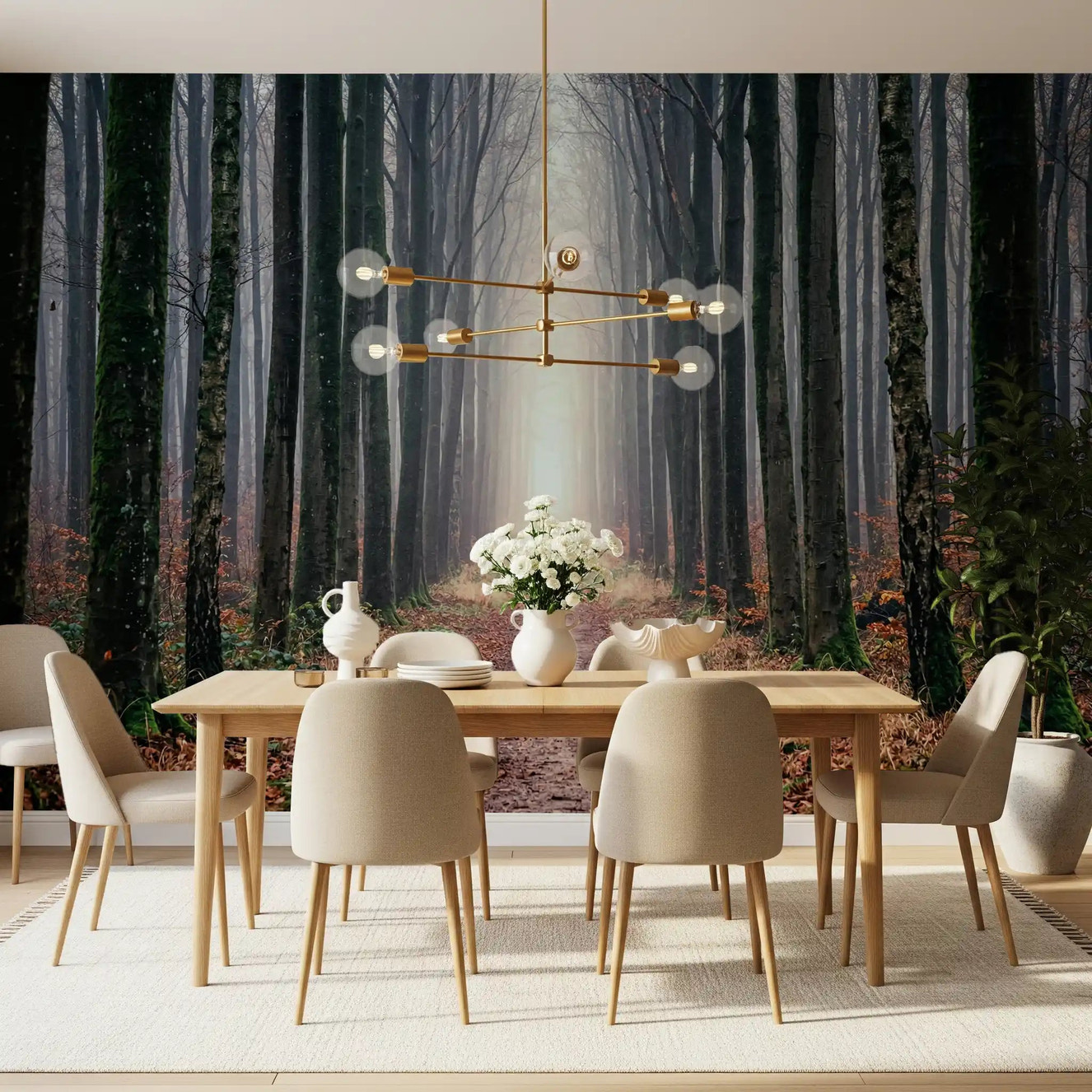 Dining room forest mural foggy trail tree pathway