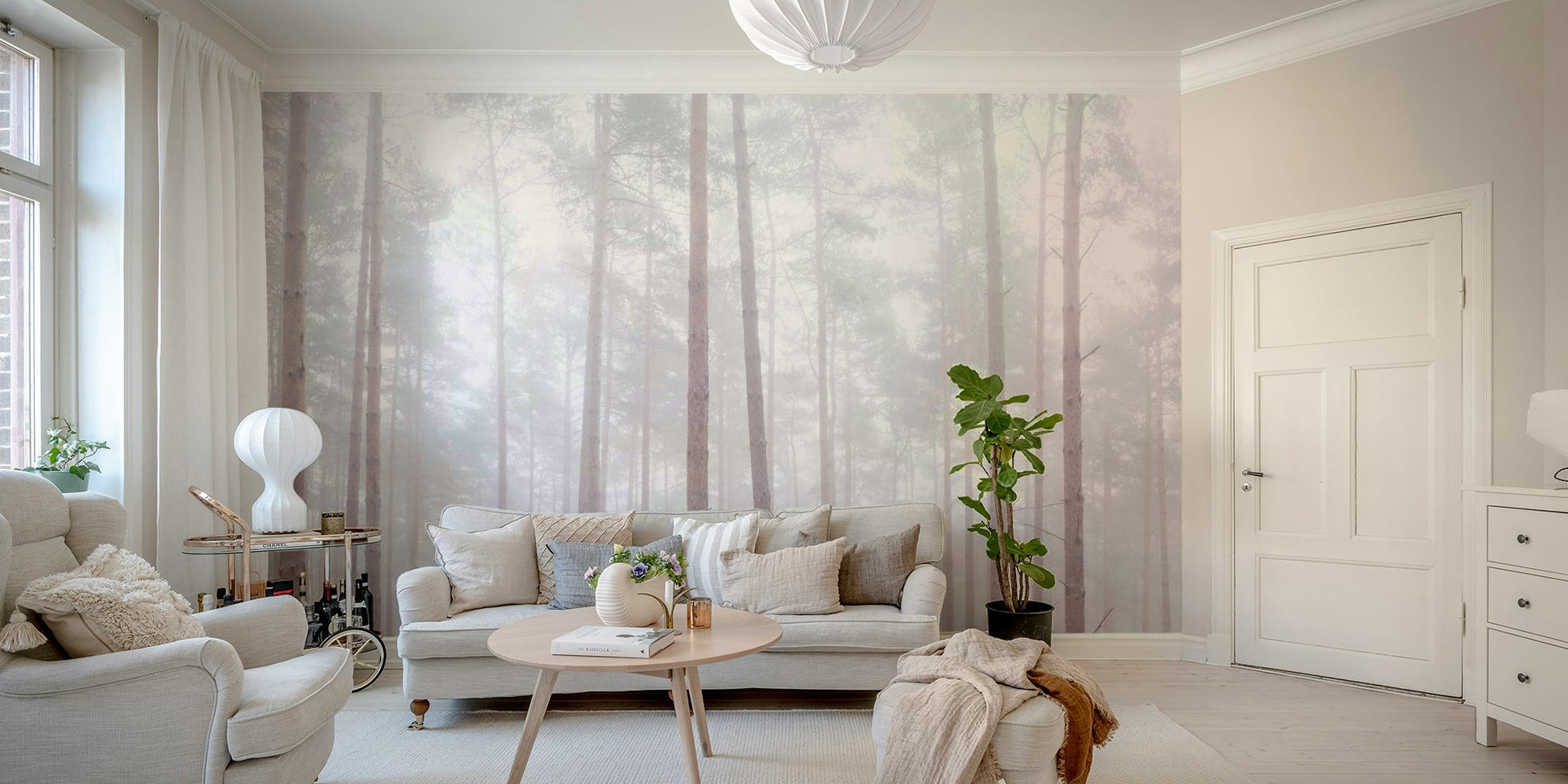 Ethereal woodland mural in fog

