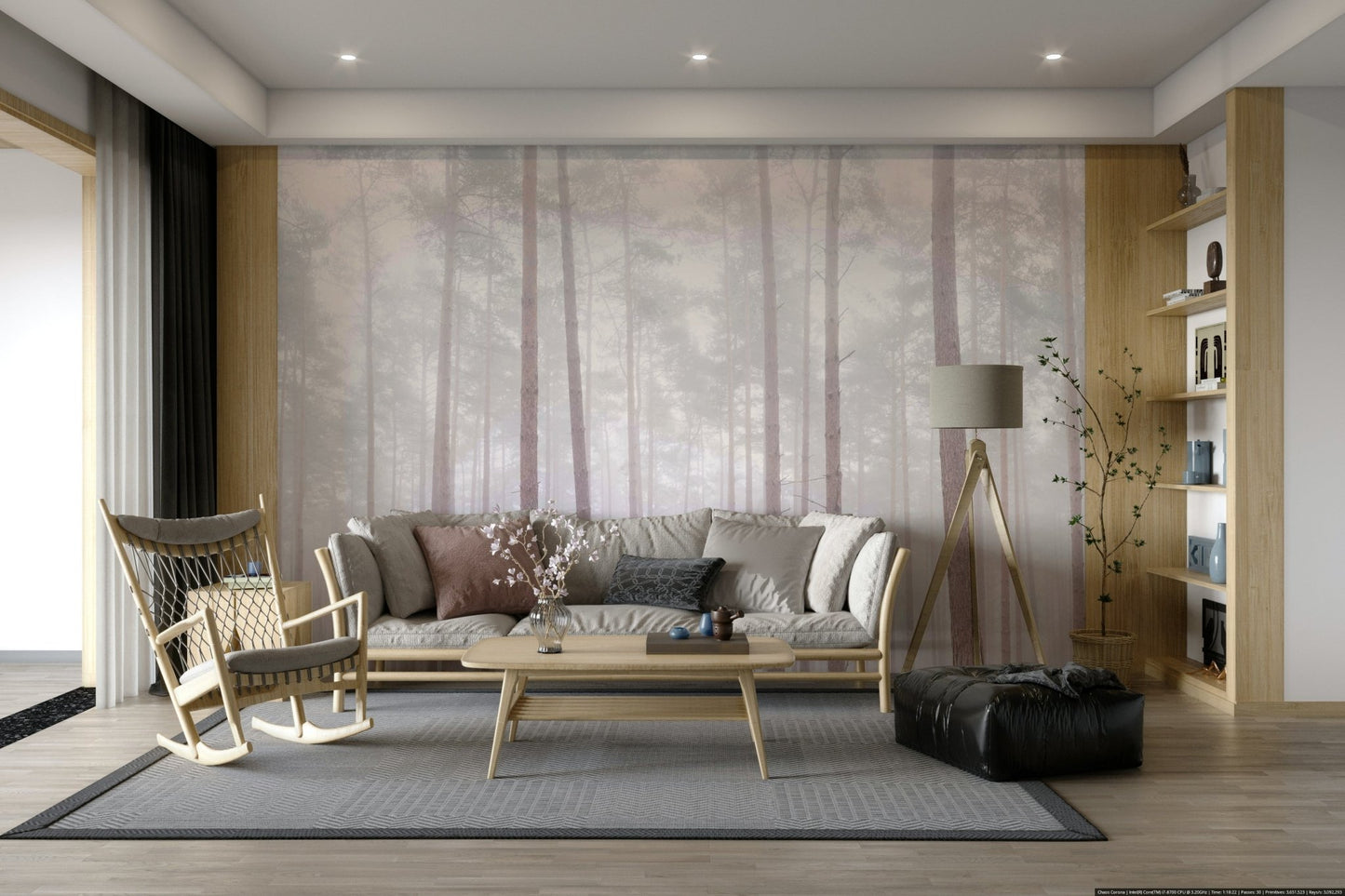 Misty forest mural wallpaper with tall trees

