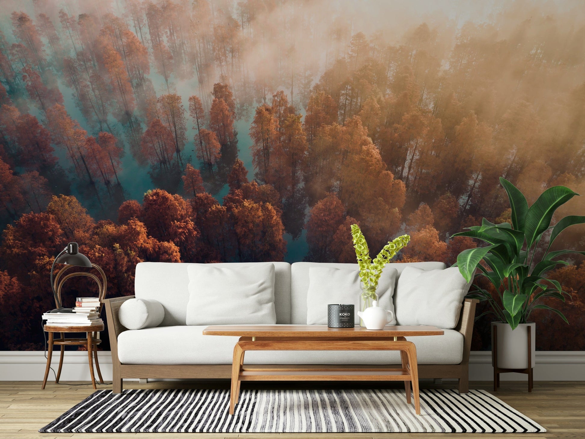 Misty Autumn Forest wall mural, orange foliage, ethereal atmosphere photo.