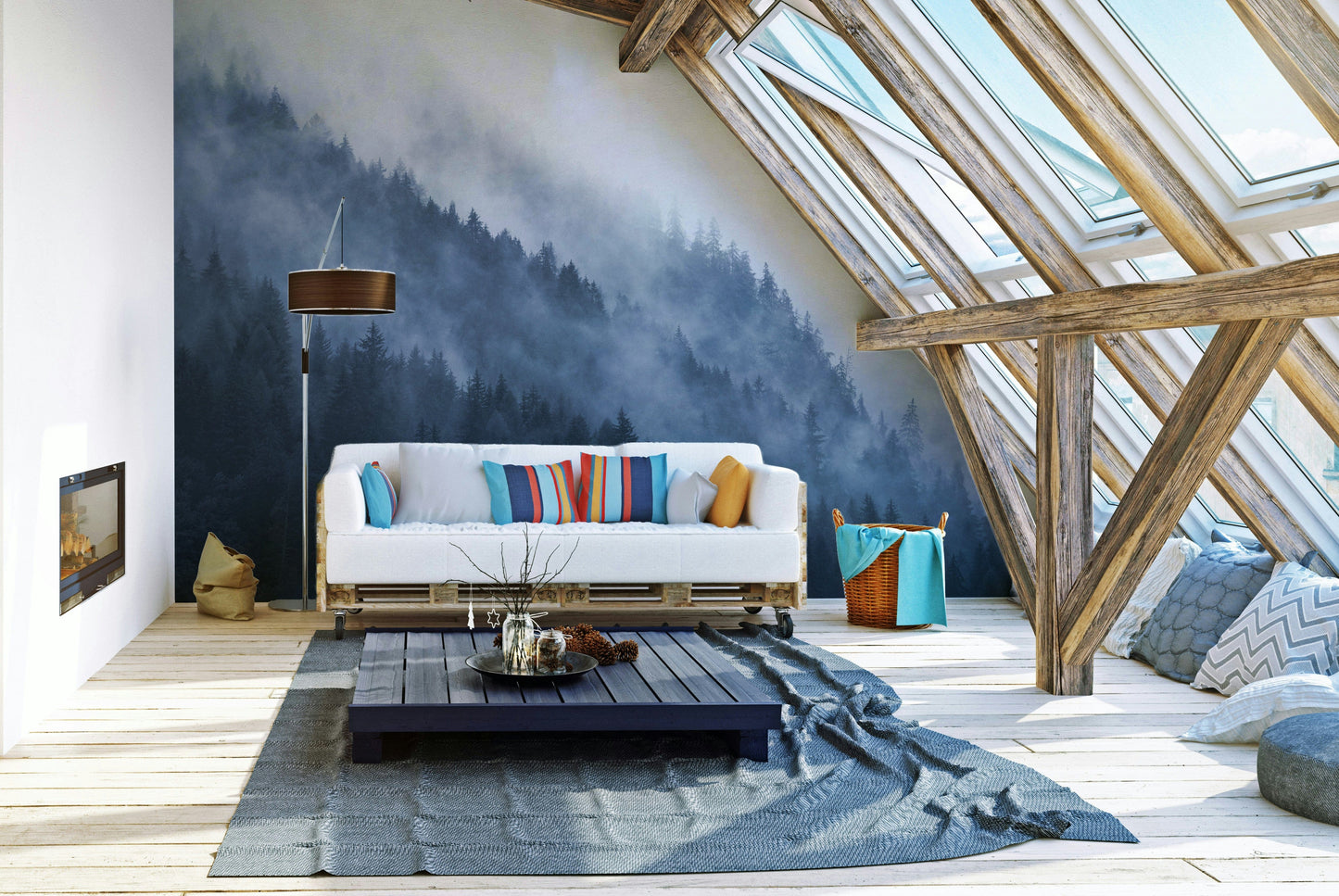 The mural shows a peaceful forest scene.

