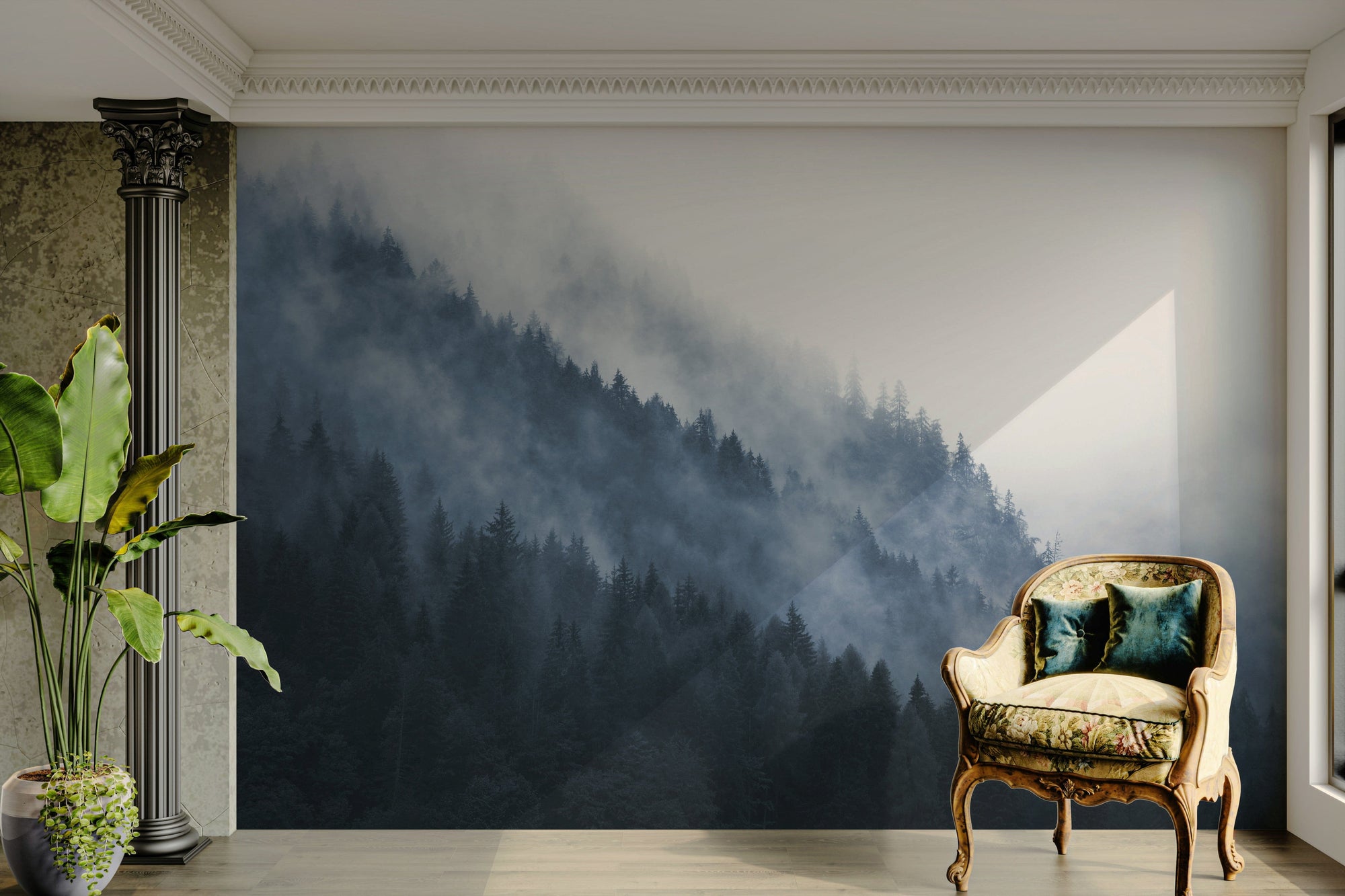Wall mural of a misty mountain forest.

