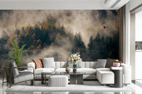 Yellow foliage Misty Woods Serenity print, serene mural wallpaper.