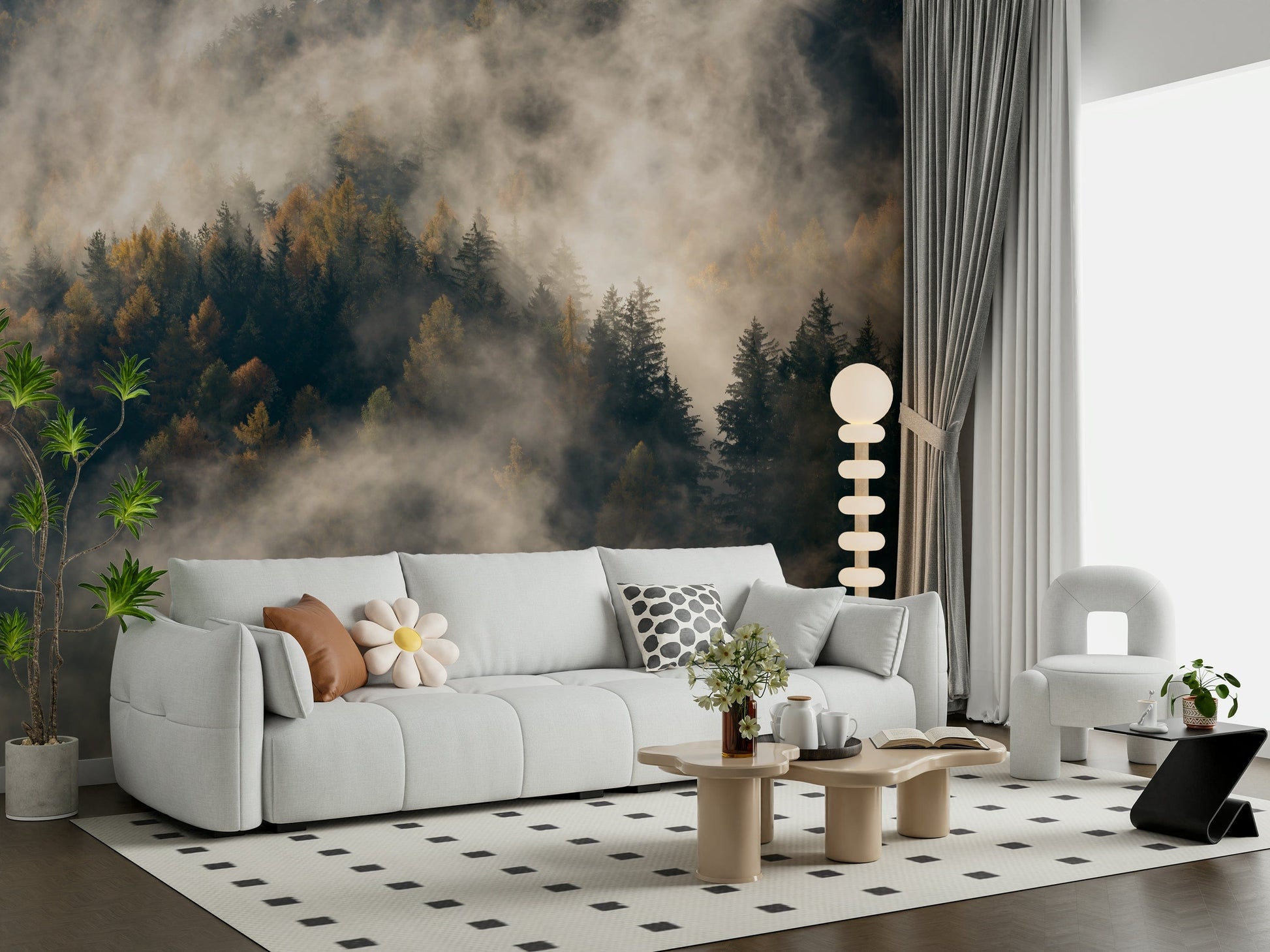 Scattered autumnal trees in Misty Woods Serenity peaceful design.