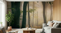 Tranquil Grove wallpaper Stunning tree silhouettes, foggy backdrop, natural solitude.