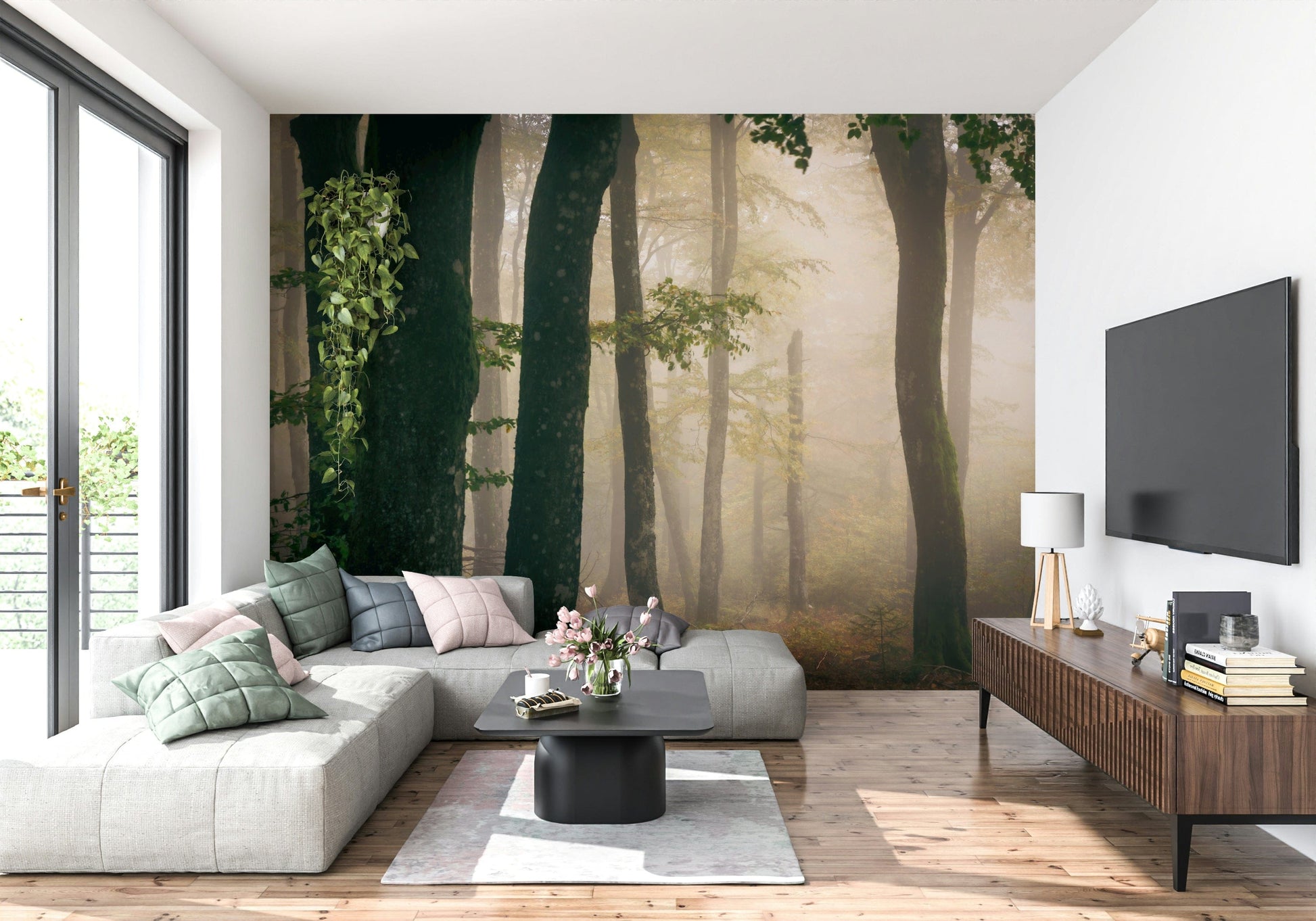 Tranquil Grove wallpaper mural Majestic trees, atmospheric mist, lush forest feeling.