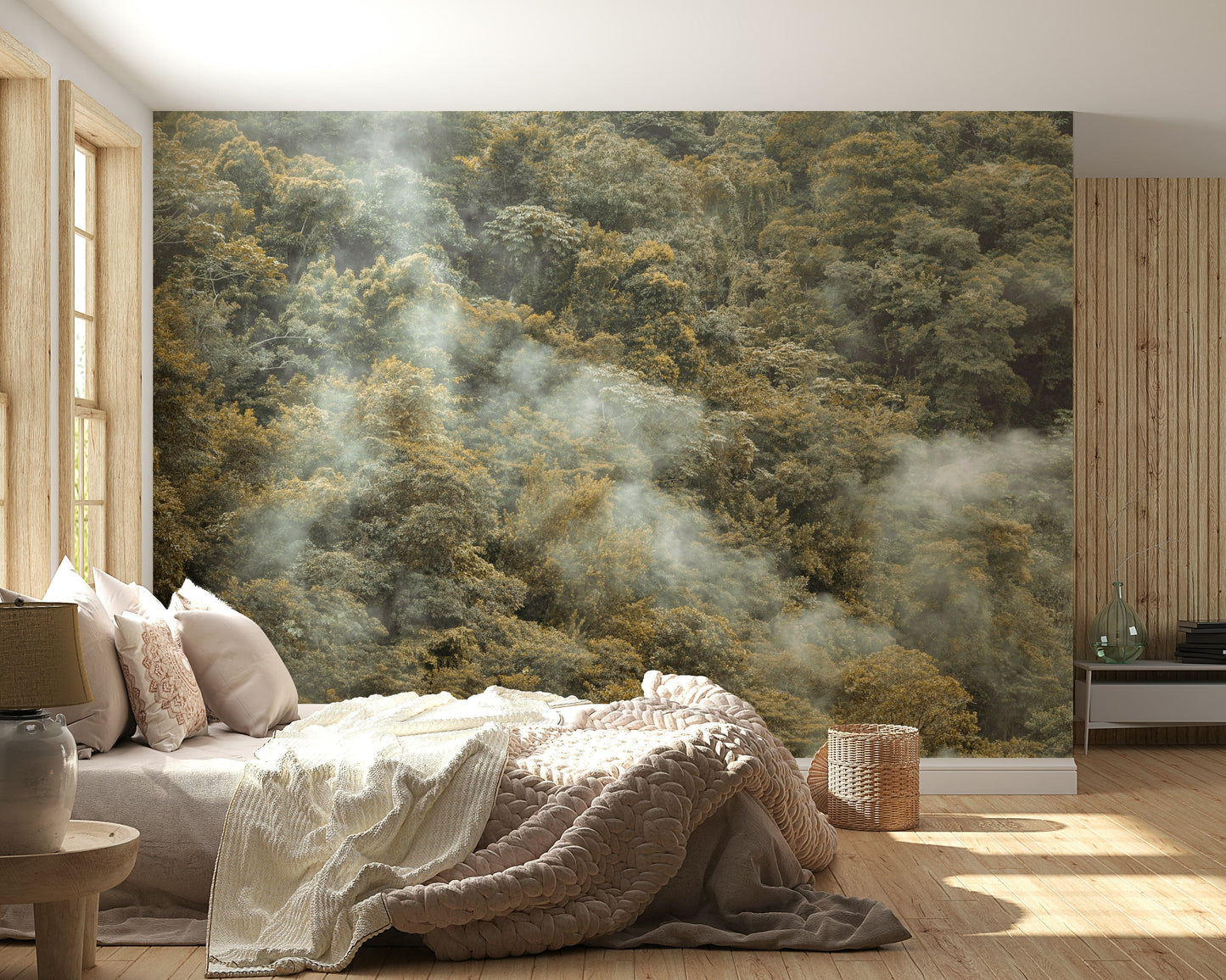 Lush jungle vista, pale golden light, Misty Forest Canopy artwork.