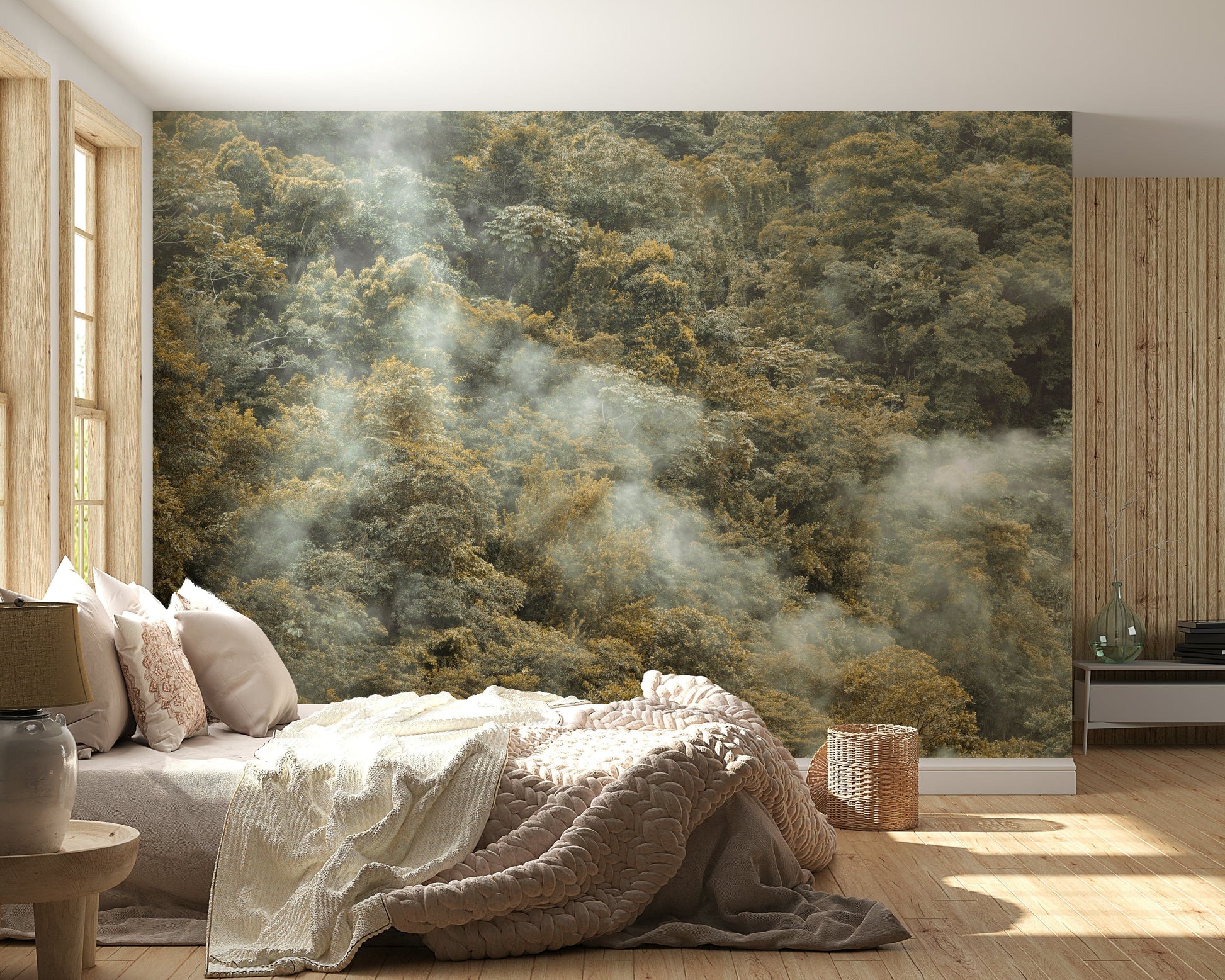 Lush jungle vista, pale golden light, Misty Forest Canopy artwork.