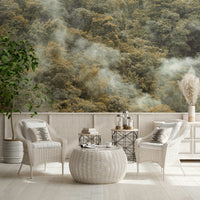 Dramatic Misty Forest Canopy design, peaceful nature-inspired atmosphere.