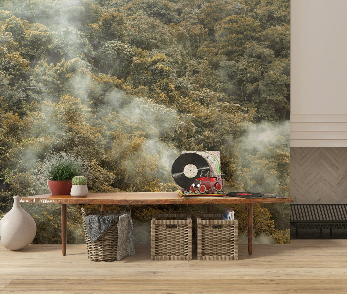 Misty Forest Canopy wallpaper for walls, captivating natural foliage design.