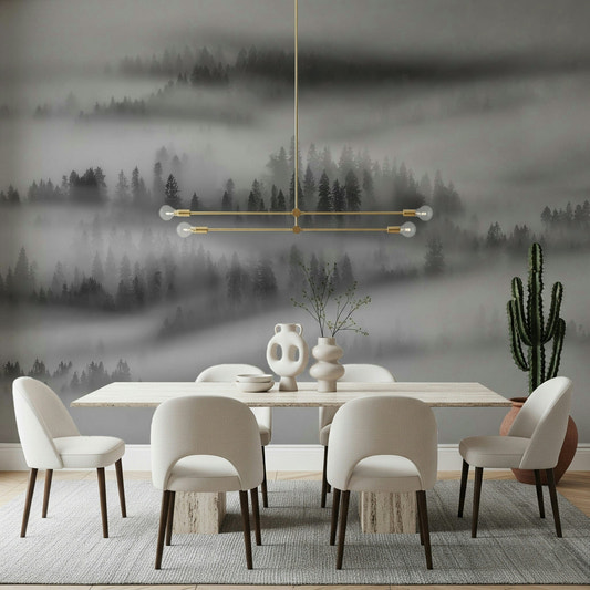 Atmospheric heavy fog on Misty Forest Woodland wallpaper.