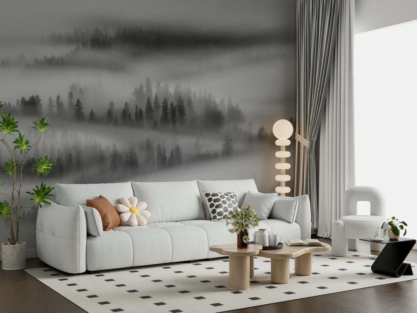 Woodland wallpaper, swirling mist layers over dark coniferous trees image.