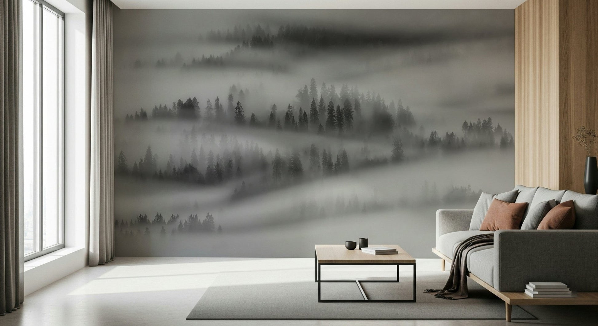 Pine forest peaks emerging from deep fog, unique woodland decoration.
