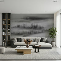 Ethereal forest wall mural, dramatic black-and-white landscape artwork.