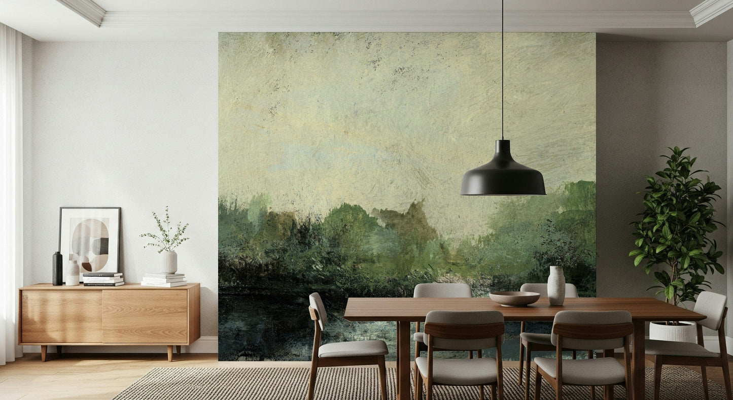 Misty Glen wallpaper mural of a green treeline behind a wood dining table under a black dome pendant