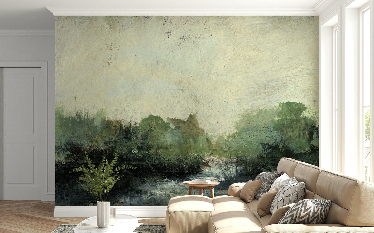 Misty Glen wallpaper mural of a green and cream abstract landscape behind a tan sectional sofa in a living room