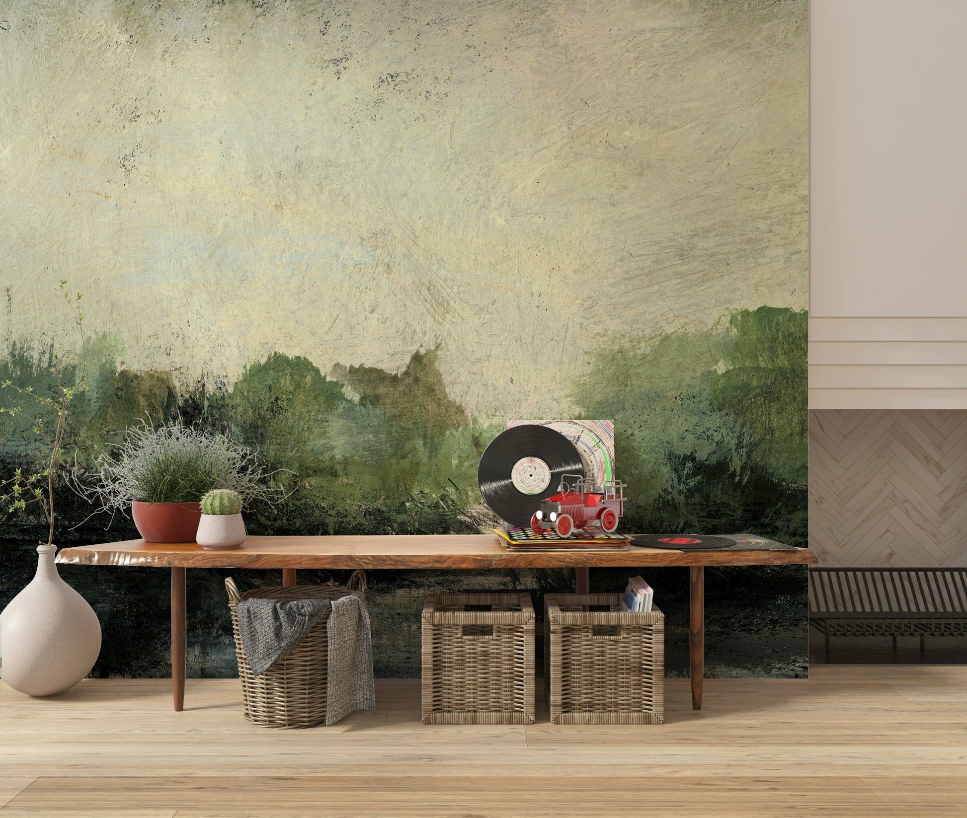 Misty Glen wallpaper mural of a green glen behind a live-edge wood bench with vinyl records and baskets