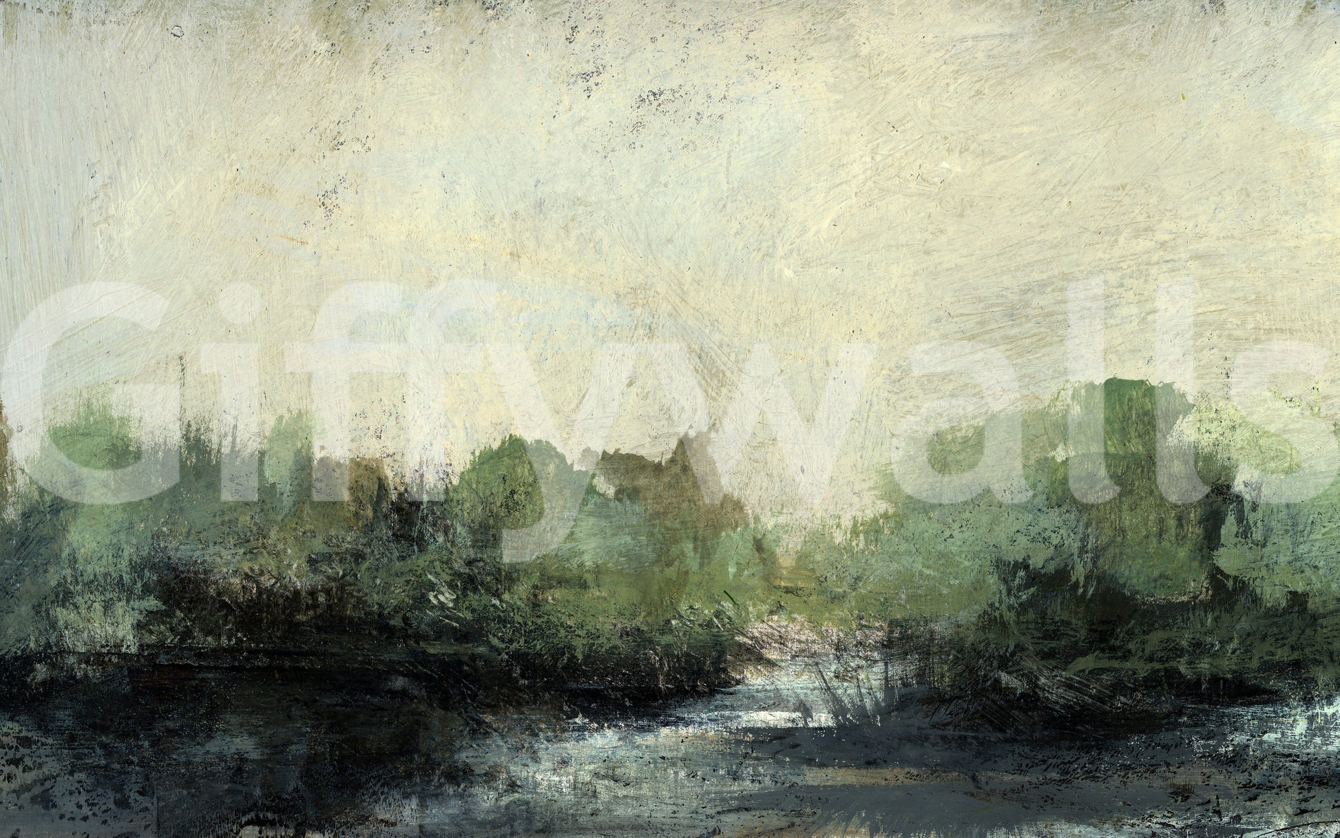 Misty Glen wallpaper mural close-up showing textured green trees over a dark misty waterline