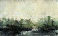 Misty Glen wallpaper mural close-up showing textured green trees over a dark misty waterline