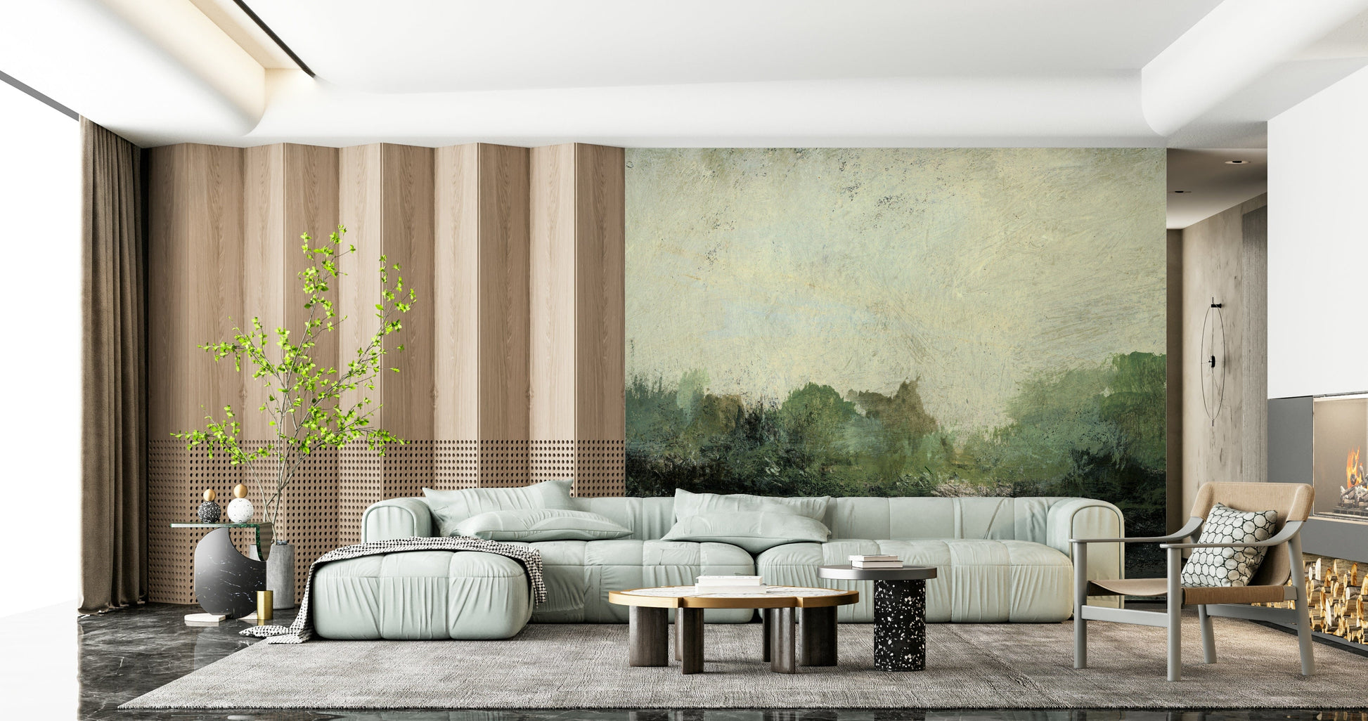 Misty Glen wallpaper mural of a misty glen behind a sage green modular sofa and slatted wood wall