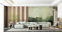 Misty Glen wallpaper mural of a misty glen behind a sage green modular sofa and slatted wood wall