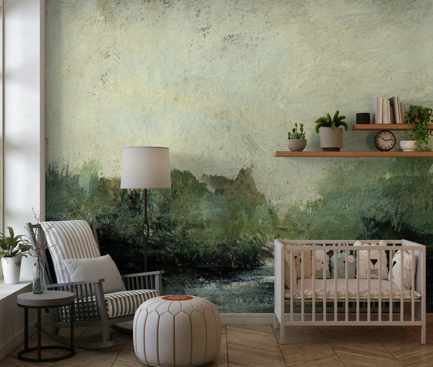 Misty Glen wallpaper mural in a nursery with a white crib, striped rocking chair and leather pouf