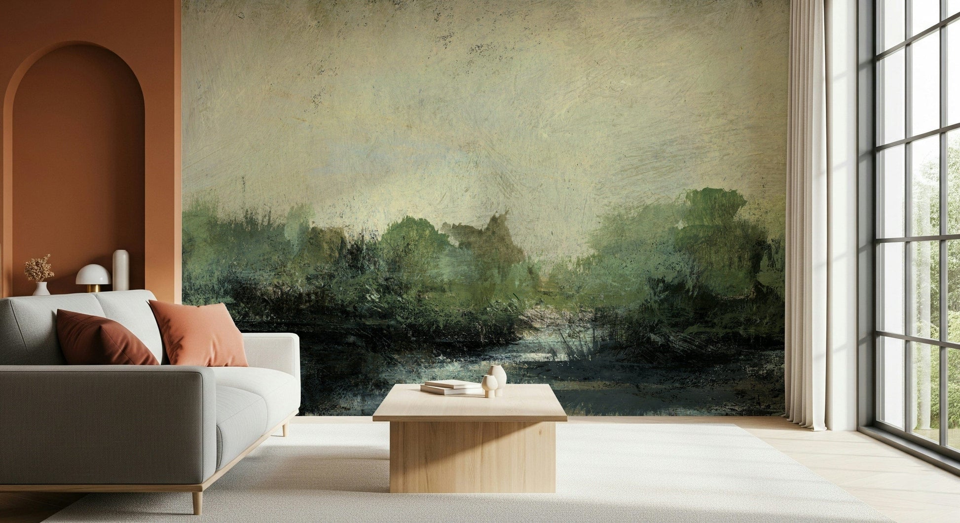 Misty Glen wallpaper mural of green woodland above a grey sofa beside a terracotta arch wall