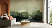 Misty Glen wallpaper mural of green woodland above a grey sofa beside a terracotta arch wall