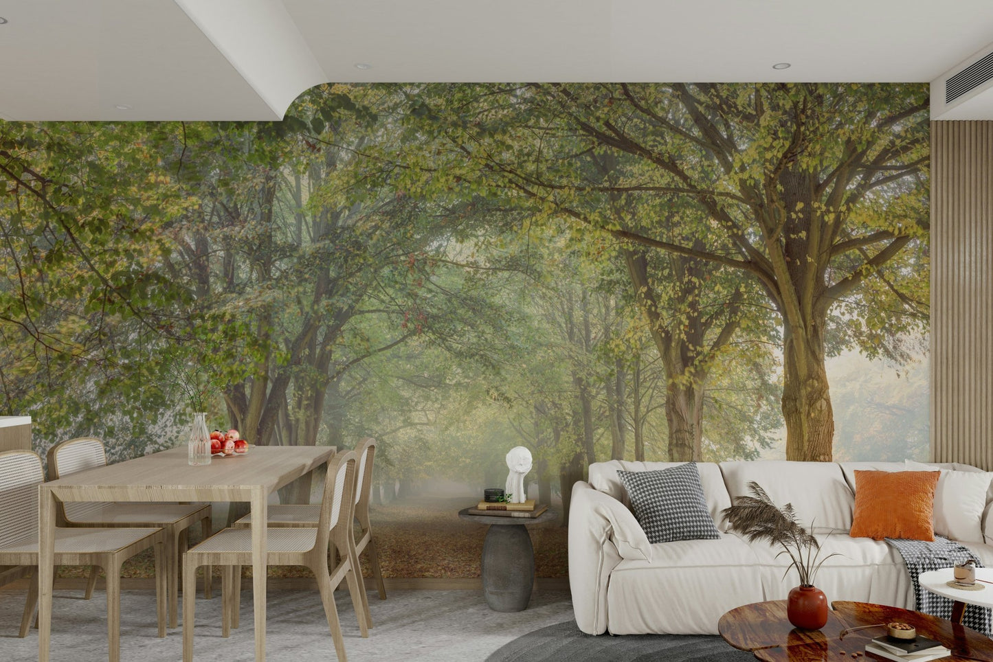 The room's lighting highlights the serene, quiet feel of the mural.

