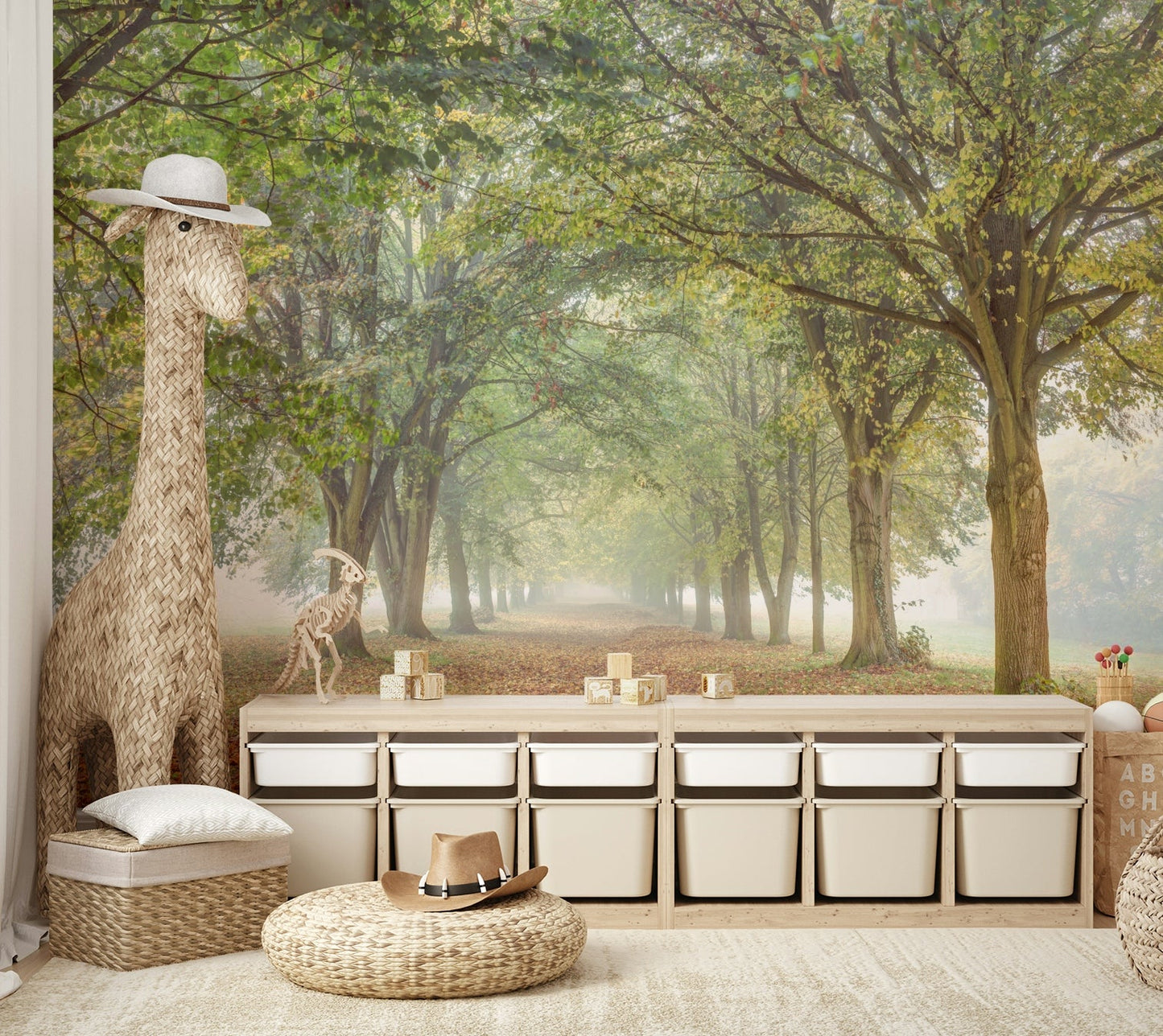 The image shows a full wall with a misty, hazy forest view.

