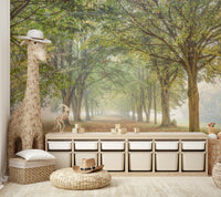 The image shows a full wall with a misty, hazy forest view.

