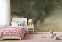 A peaceful woodland vista mural on decorative wallpaper.
