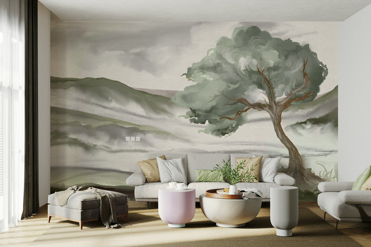 An angled shot of the mural's gentle color palette.